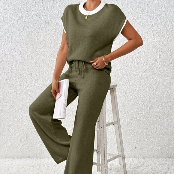 Army Green Women's Loose Knit Sweater & Drawstring Pants Set - Picture 4 of 7